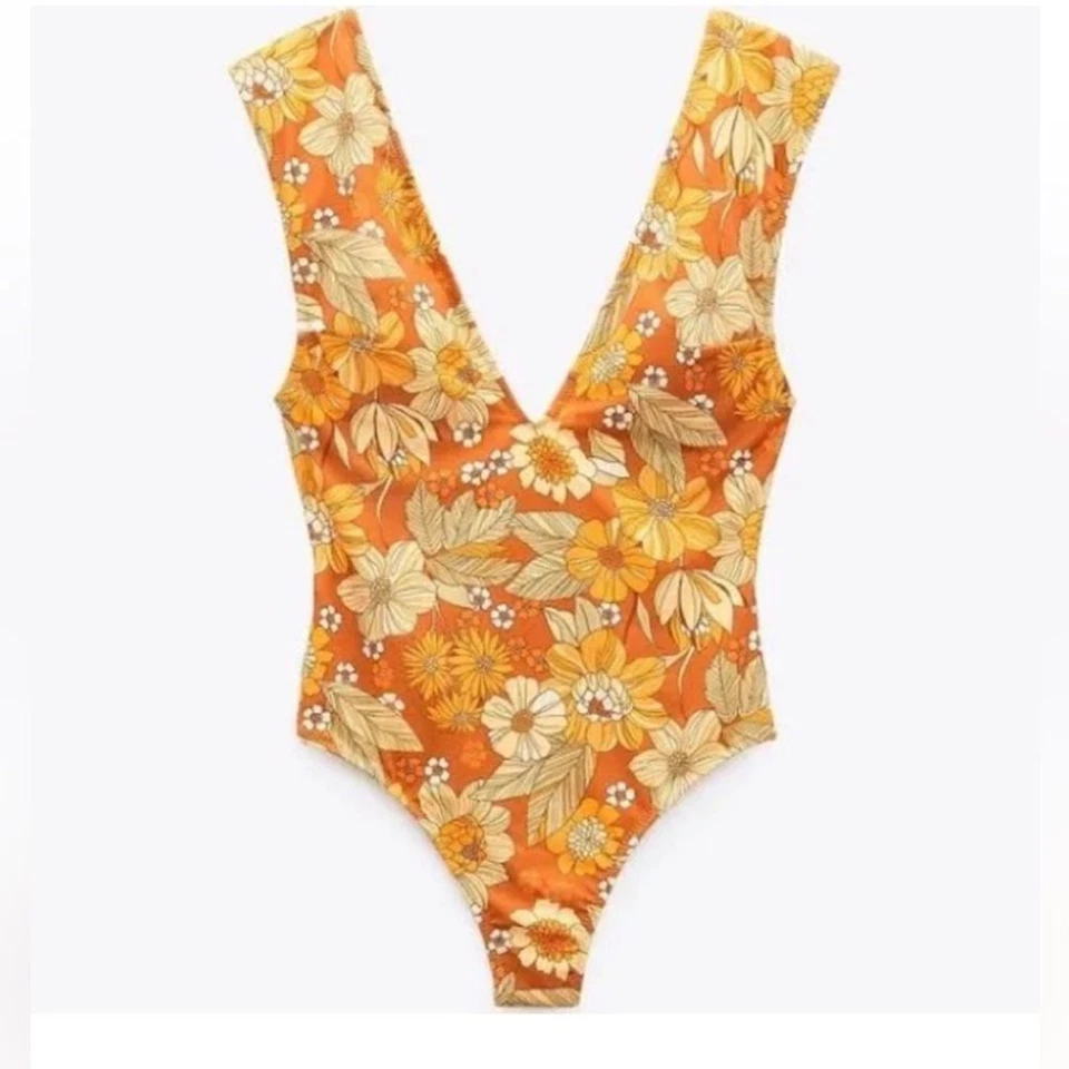 Zara Retro Floral Swimsuit in Beige and Orange - Image 2 of 4