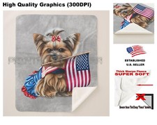Yorkshire Terrier Yorkie Dog Art USA Flag Dress Sherpa Fleece Throw Blanket
