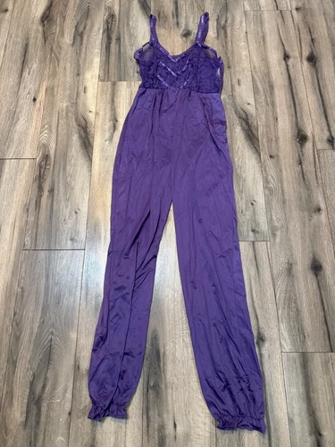 Vintage Purple Lace & Satin Womens Jumpsuit Medium Shadowline Wear Delicate Slee