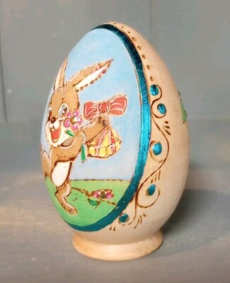 Hand Painted Wooden Egg Easter Bunny Basket Folk Art Rabbit Made in Russia 