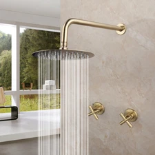 Brushed Gold  8" Rainfall Shower Head Dual Cross Handle Mixer Faucet Wall Mount