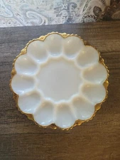 Vintage Anchor Hocking White Milk Glass Deviled Egg Dish Plate Platter Gold Rim