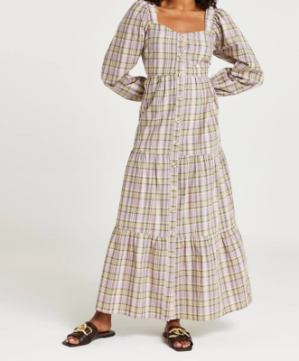 River Island Button Through Beige Checked Long Sleeve Tiered Maxi Dress UK  14 | eBay