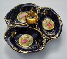 RARE VTG COBALT BLUE GOLD EUROPEAN VICTORIAN COUPLE DIVIDED 3 SECTION DISH BOWL 