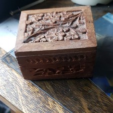 Small Carved Wood Floral Trinket Box, Rectangular Hinged Lid, Brown