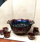 Huge Antique Northwood 17 " Grape & Cable Punch Bowl with 6 Cups