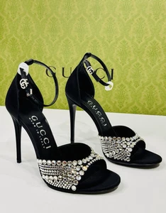 Sandales Gucci GG à talons strass ornés de cristal noir satin pointure 38 US7,5