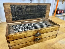 Vintage Set Russell Jennings 3 Tier Box Double Twist Auger Brace Drill Bits Nice