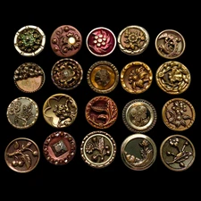 (C) Lovely Collection of Victorian Era Metal Buttons inc Art Nouveau Florals ++