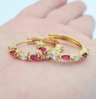 2Ct Pear Cut Simulated Pink Ruby Women's Hoop Earrings In 14k Yellow Gold Plated
