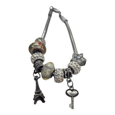 Paris Eiffel Tower Heart Key Charm Bracelet Silver Tone Rhinestone Beads 7 Inch