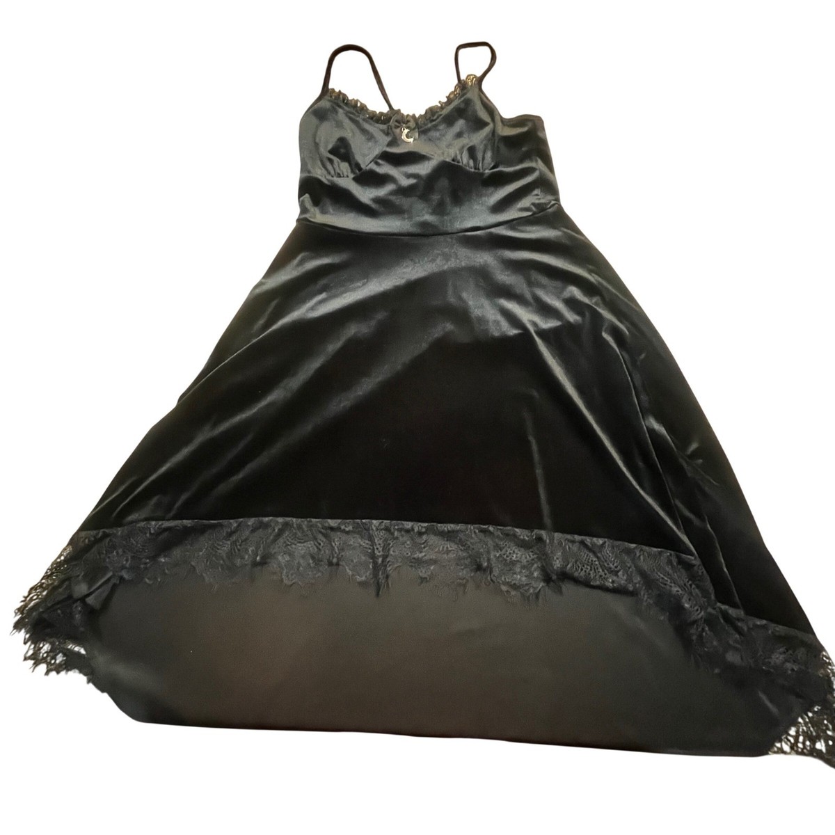 Black Velvet Gothic Cami Dress Lace Trim Crescent Moon Charm Large | eBay