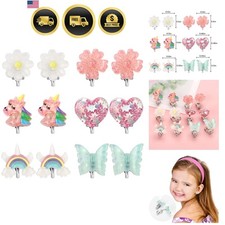 Kids Clip On Earrings Rainbow Unicorn Butterfly Flower Set for Girls