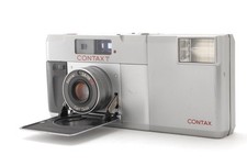 Contax T Silver Point  Shoot Film Camera w/ T14 Auto Flash Near MINT from JPN