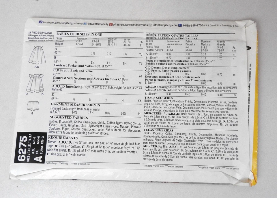 New Look 6275 sewing pattern Babies Dress with yoke & Pants NB-L NEW FF - Image 2 of 2