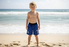 Mario Kart Boys Swim Trunks Checkered Blue Shorts UV50 Racing Drawstring 4/5 New