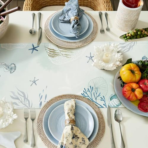  Sea Turtle Table Runner 13x90 Inch Nautical Coastal Teal Blue Ocean Theme 