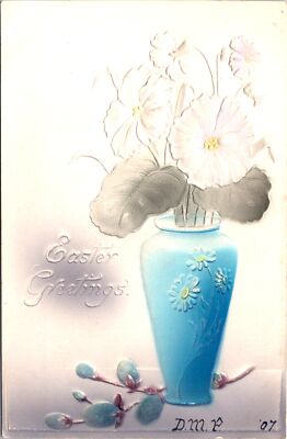 Easter Greetings Flowers & Blue Vase Embossed Postcards unused 56414