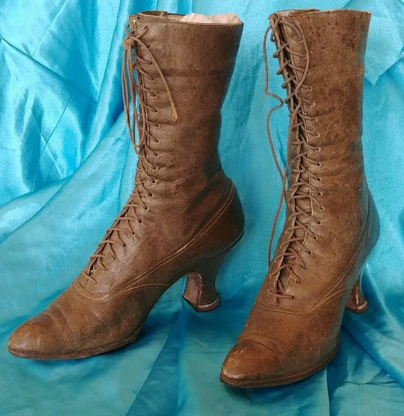 Ladies Victorian Brown Leather Lace-up High Heel Boots