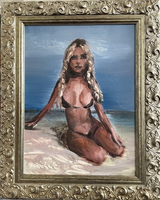 Original Oil Painting Oil Erotic Impressionism ''Bikini'' Pin Up Portrait Frame