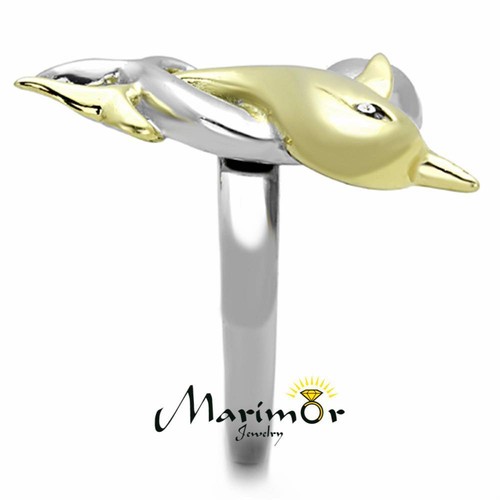 Anello moda donna bicolore acciaio inox 316L cristallo delfino misura 5-10 - Foto 4 di 7