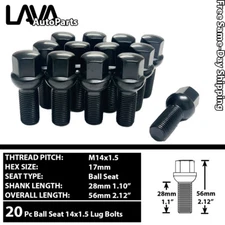 20 PCS BLACK 14X1.5 BALL SEAT LUG BOLT 28MM SHANK FIT AUDI STOCK WHEEL & MORE