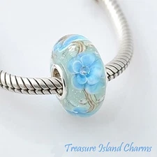 Light Blue Flower Murano Glass with CZ 925 Sterling Silver European Bead Charm