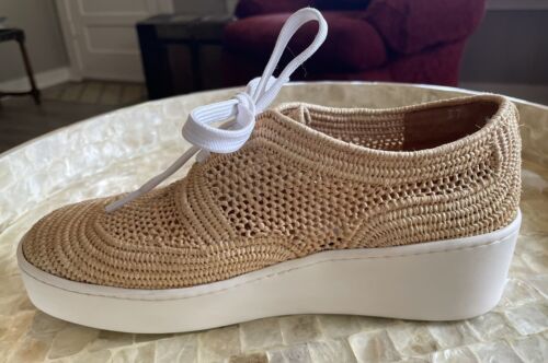 đź’ CLERGERIE Women 37 Lisa Woven Natural Raffia Wedge Platform Oxford Lace Up - Picture 2 of 13