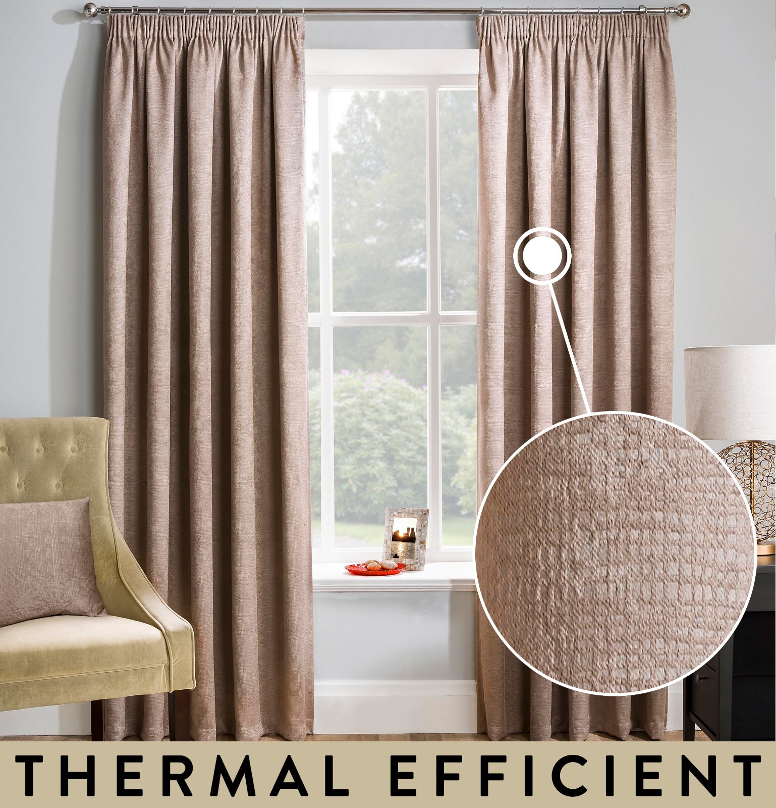 Enhanced Living Unisex Natural Plain Thermal Room Darkening Energy Saving Tape Top Curtains For Living Rooms & Bedrooms In | : 229 Cm Width X 229 Cm Drop - Image 2