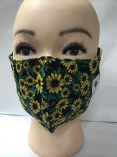 FACE MASK  POMCHIES  ADULT  BLACK WITH SUNFLOWERS BLACK BRAIDED STRAPS  NEW