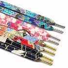 Japanese Style Kimono Fabric Flat Shoelaces Pink Cherry Blossom Midnight Crane