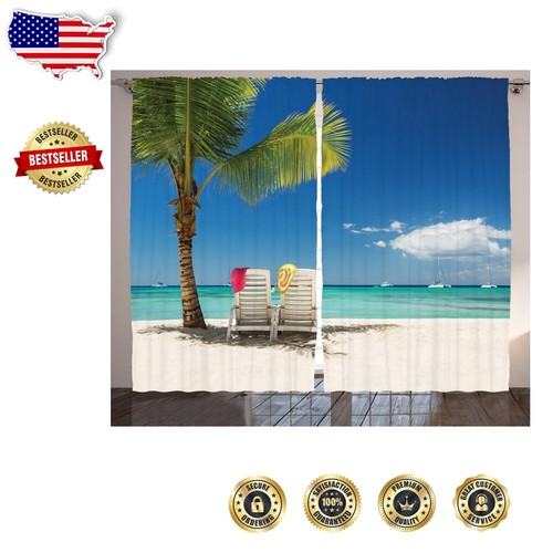 Relaxing Beach Theme Satin Drapes - 108" x 84" Blackout Window Panels (2 Pack) - 第 1/2 張圖片