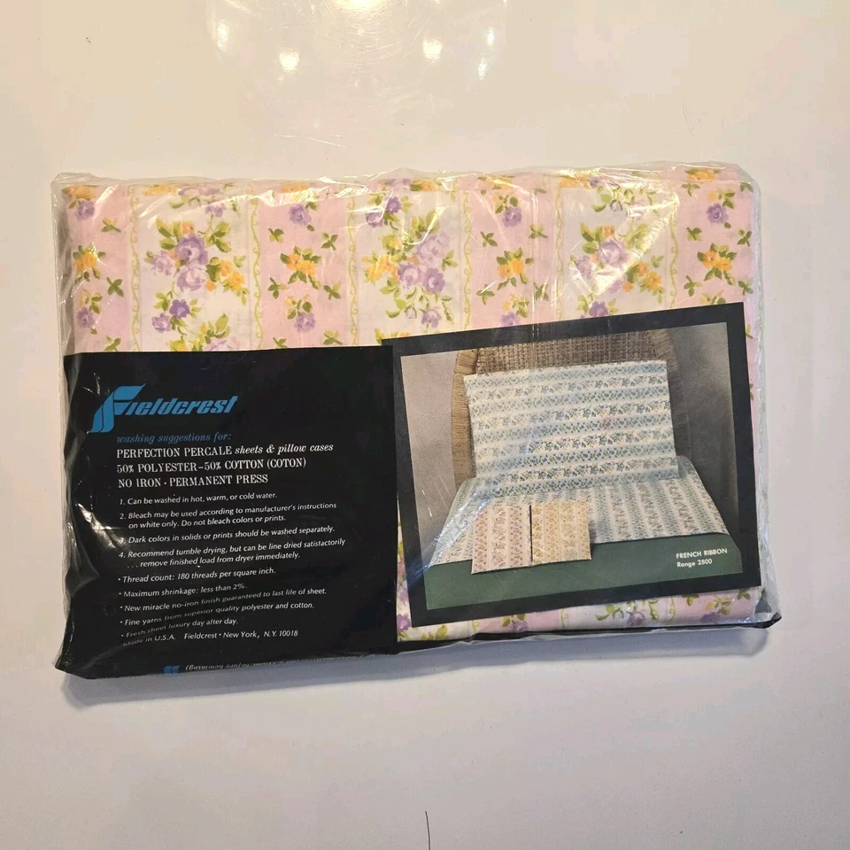 Vintage NOS Fieldcrest French Ribbon Queen Flat Sheet Floral Stripe Pink Purple - Image 2 of 4