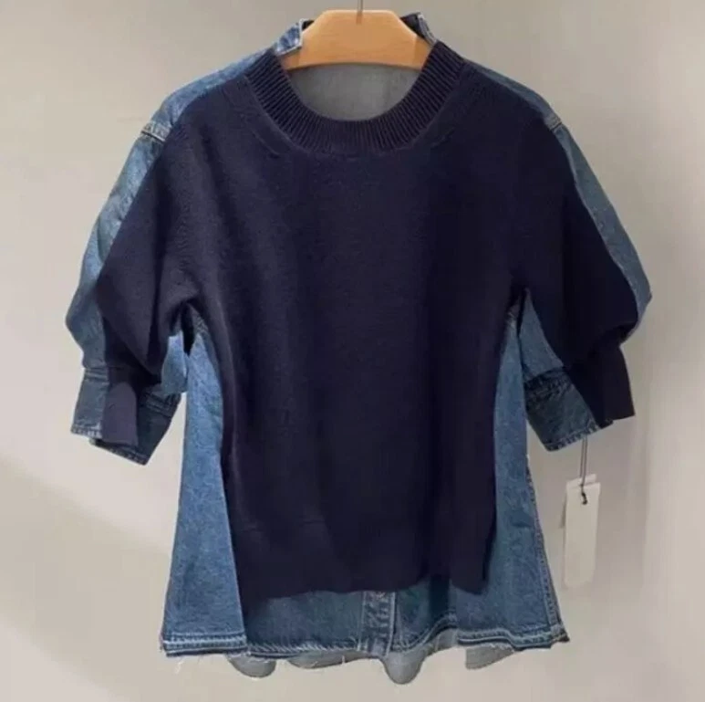 Suéter tejido Lady Sacai Luck Denim retazos manga corta top Foto 4 de 4