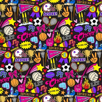 Girl Sports Design SCORE Cheer Superstar Black Cotton Fabric BY 1/2 YARD