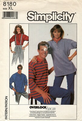 Simplicity 8180 UNISEX Henley Shirt w Collar or Collarless Sz XL