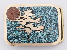 Tree of Life Cypress Cyprus Turq Coral Brass 70s Hippie Vintage Belt Buckle
