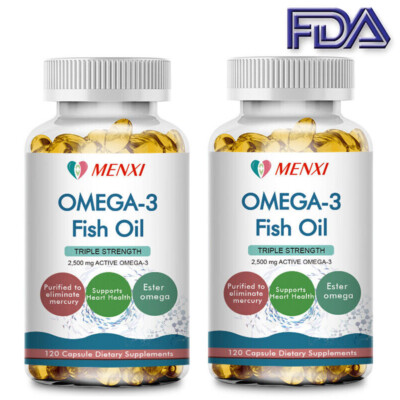 Omega 3 Fish Oil Capsules Triple Strength EPA & DHA, Burp-Less 2×120 Sofgels