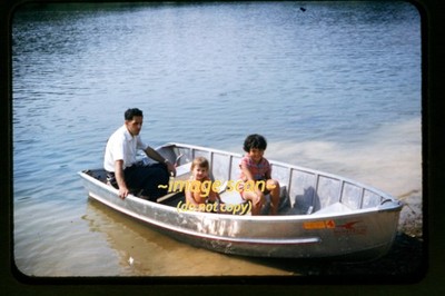 1950s Kodachrome Slide of People in Duratech Aluminum Boat at a Lake v12b