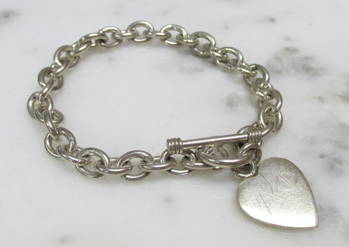 Sterling Silver Cable Link Bracelet w/ Engraved Heart Charm 8