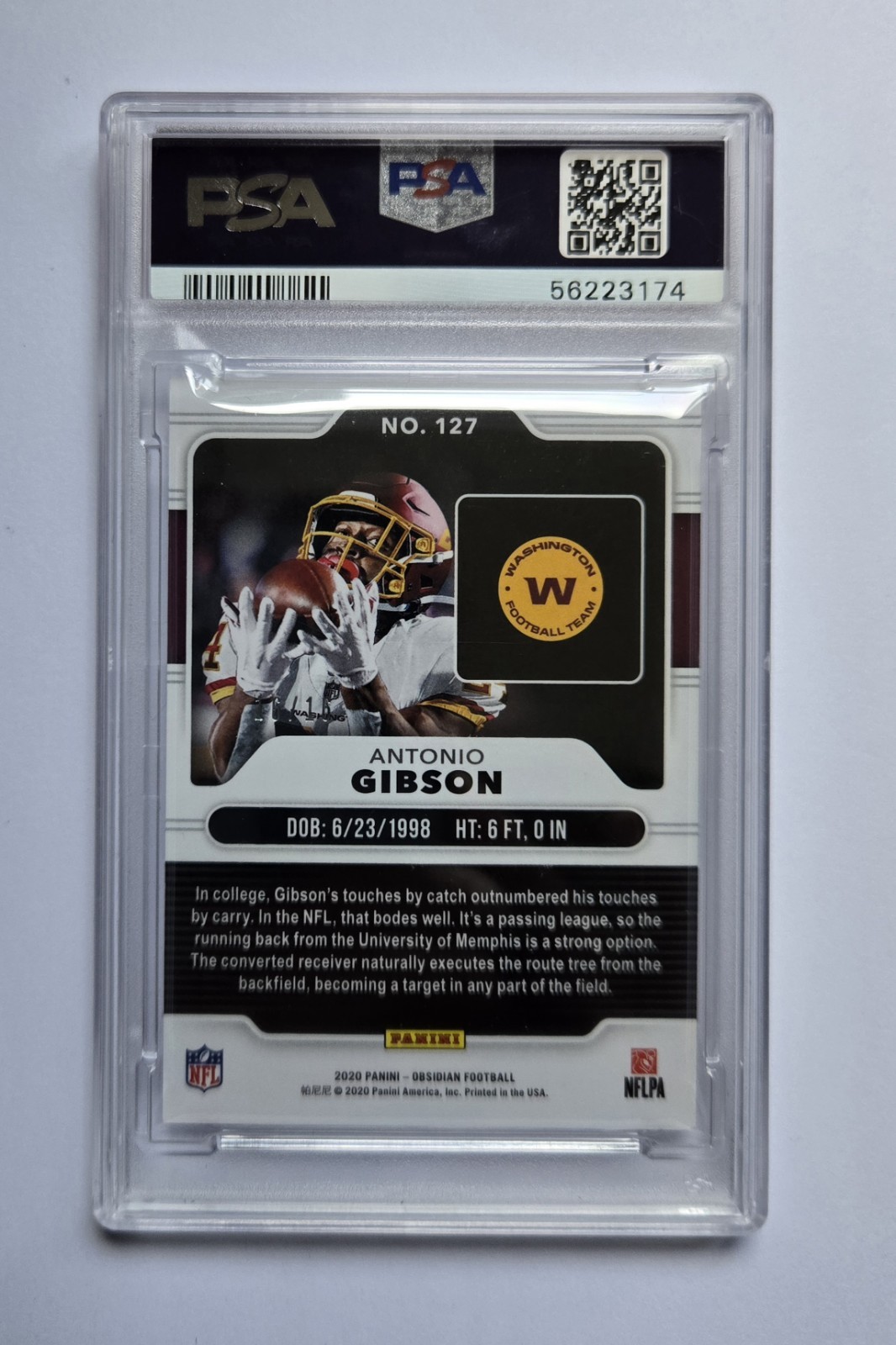 Panini 2020 Obsidian Rookies Antonio Gibson #127 Purple Flood /16 RC PSA 9 view 2