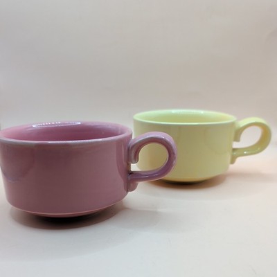Vintage Hall #1789 Coffee Soup Mugs Set Of 2 Restaurant Ware USA Pink Yellow MCM