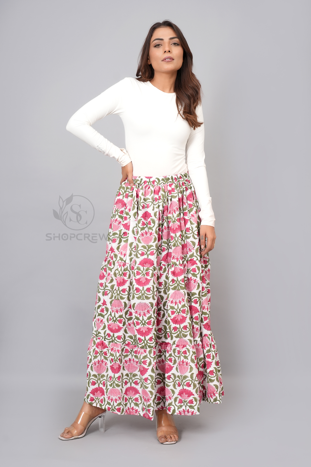 Women Floral Block Printed Cotton Maxi Long Skirt with Elastic Waist - Multi