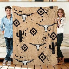 Cow Skull Cactus Geometric Flannel Blanket Soft Cozy Throws Napping Travel Use