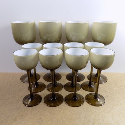 12 Carlo Moretti Murano Glass Amber Taupe Cased White Goblets Water & Wine VGC