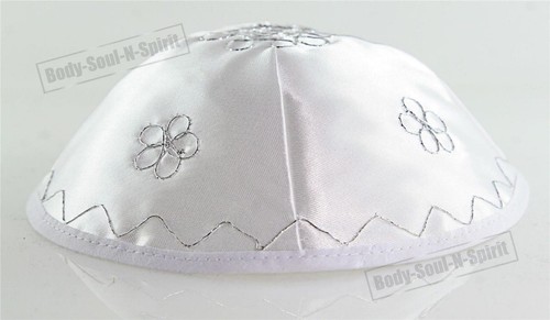 Silver Flowers Satin Kippah Yarmulke Jewish Yamaka Kippa Israel Head Cover - Picture 3 of 6