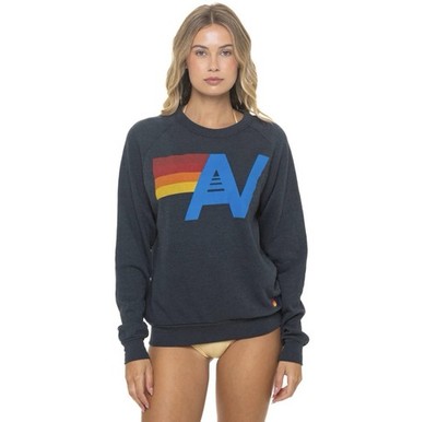 Aviator Nation Women's Charcoal Graphic Logo Rainbow Stripe Crewneck XL