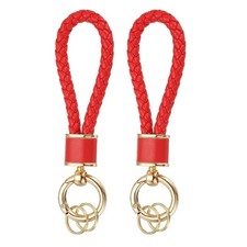 2 Pack Braided Leather Keychain for Car Bag Wallet, Gold/Red