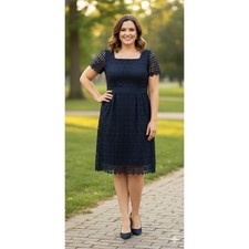 Talbots Navy Blue Eyelet Lace Square Neck Dress 12P Petite NWT Classic 374925