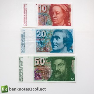 SUIZA: Juego de 3 billetes de franco suizo.